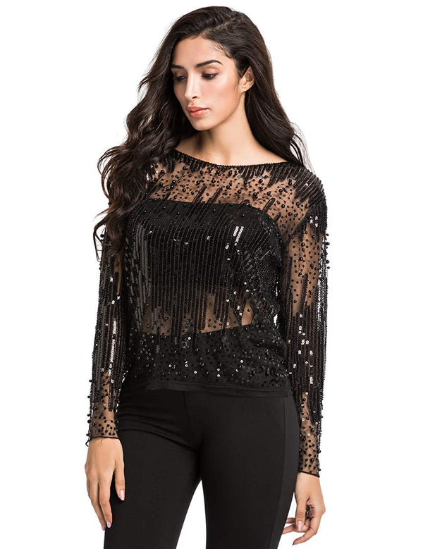 Prettyguide PrettyGuide Women's Sequin Blouse See Through Party Tops Beaded Sparkly Shirts
