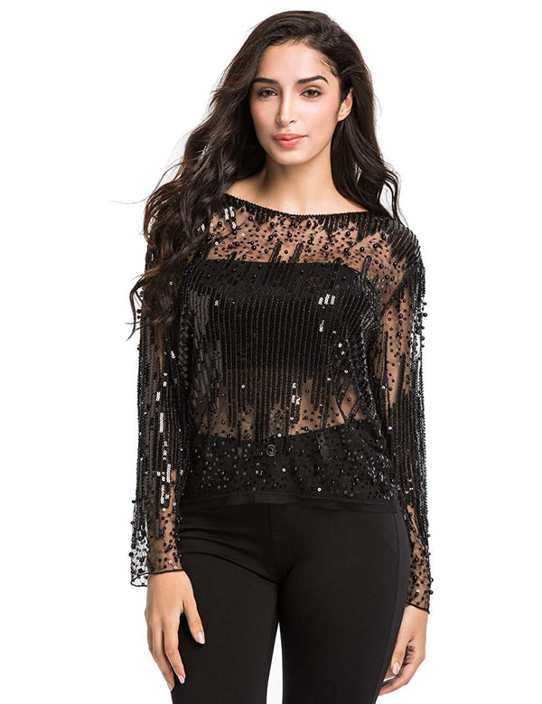 prettyguide PrettyGuide Women's Sequin Blouse See Through Party Tops Beaded Sparkly Shirts