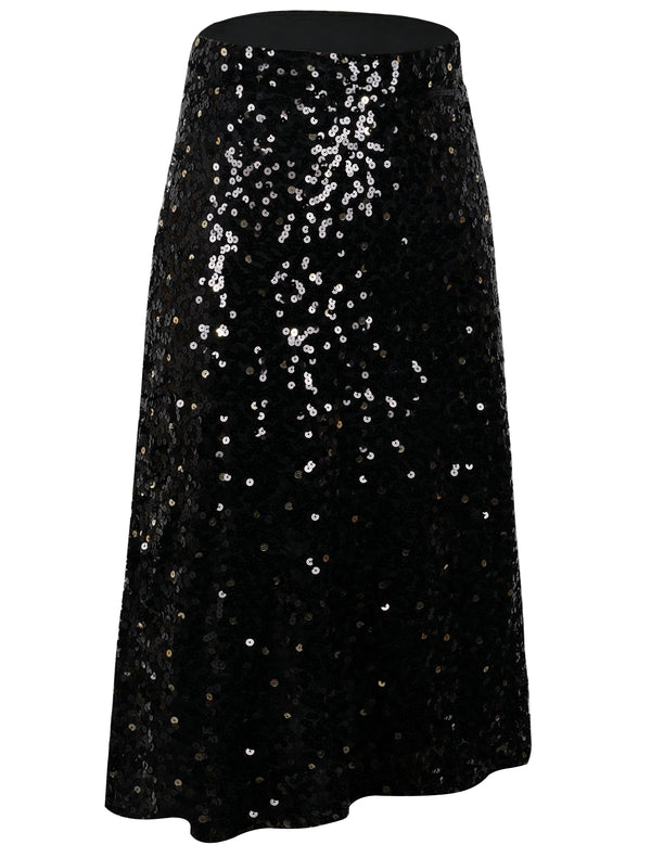 prettyguide PrettyGuide Women's Sequin Midi Skirt Casual Flowy High Waist Cocktail Party Flare Skirt