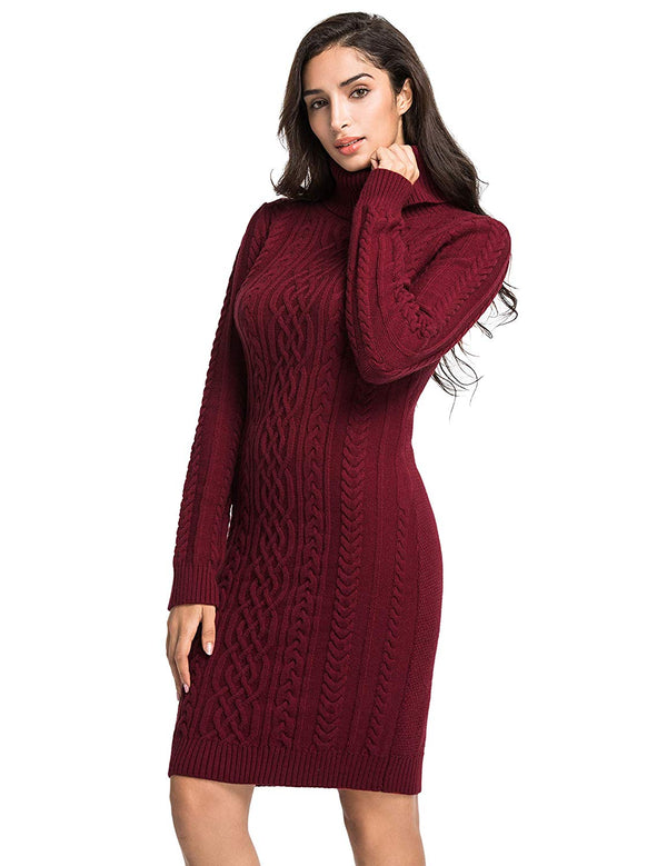 Prettyguide PrettyGuide Women's Sweater Dress Cable Knit Slim Fit Turtleneck Sweater