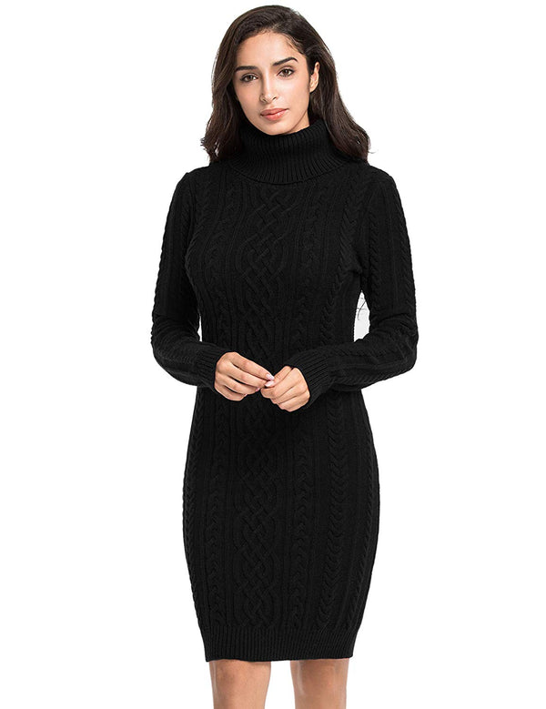 Prettyguide PrettyGuide Women's Sweater Dress Cable Knit Slim Fit Turtleneck Sweater