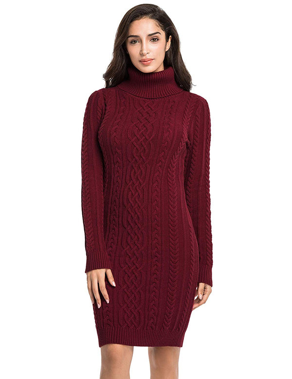 prettyguide PrettyGuide Women's Sweater Dress Cable Knit Slim Fit Turtleneck Sweater