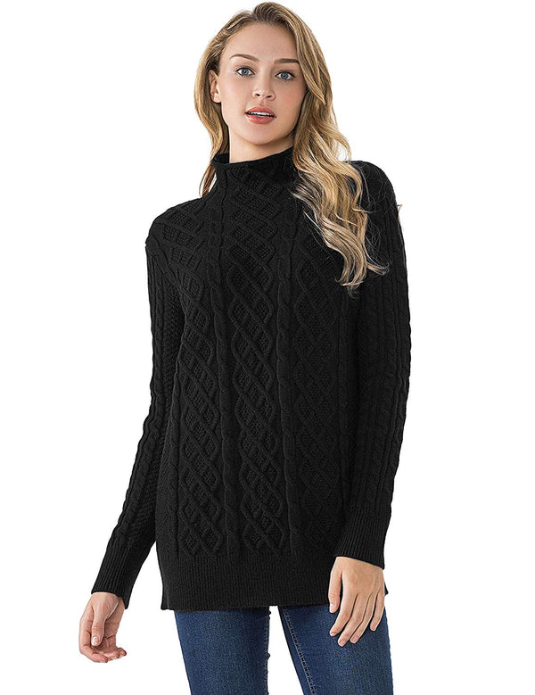 prettyguide PrettyGuide Women's Tunic Sweater Cable Knit Mock Neck Pullover Long Sweater Tops