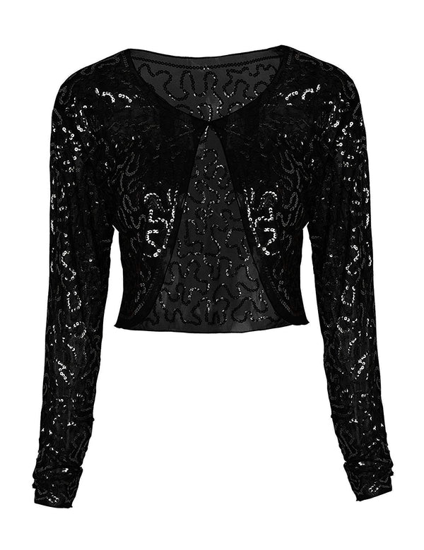 prettyguide PrettyGuide Women Sequin Bolero Long Sleeve Sparkly Wedding Shrug Cardigan