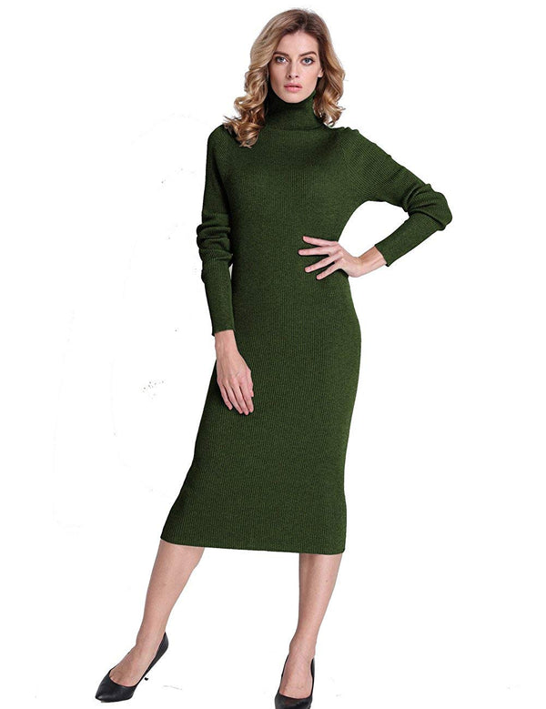 Prettyguide PrettyGuide Women Slim Fit Ribbed Turtleneck Long Sleeve Maxi Knit Sweater Dress