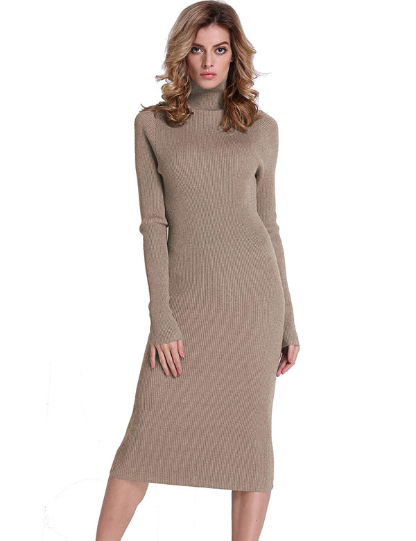 Prettyguide PrettyGuide Women Slim Fit Ribbed Turtleneck Long Sleeve Maxi Knit Sweater Dress