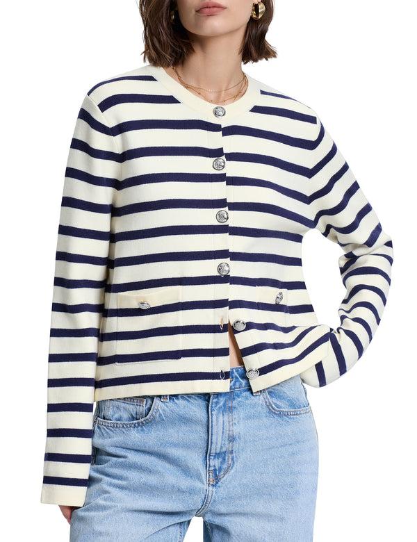 Prettyguide PrettyGuide Womens Striped Cardigan Cropped Knit Lady Jackets With Pockets