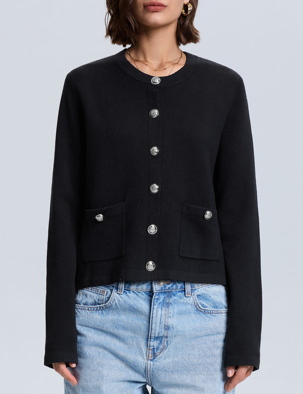 prettyguide PrettyGuide Womens Striped Cardigan Cropped Knit Lady Jackets with Pockets