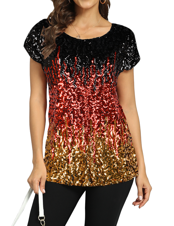Prettyguide Women's Gradient Glitter Sequin Blouse Short Sleeve