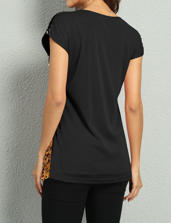 Prettyguide Women's Gradient Glitter Sequin Blouse Short Sleeve