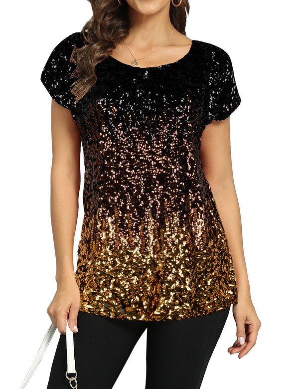 prettyguide Women's Gradient Glitter Sequin Blouse Short Sleeve