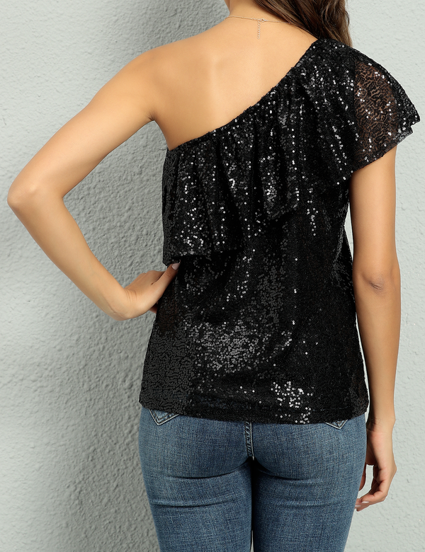 Prettyguide Women's One Shoulder Sequin Tops Ruffle
