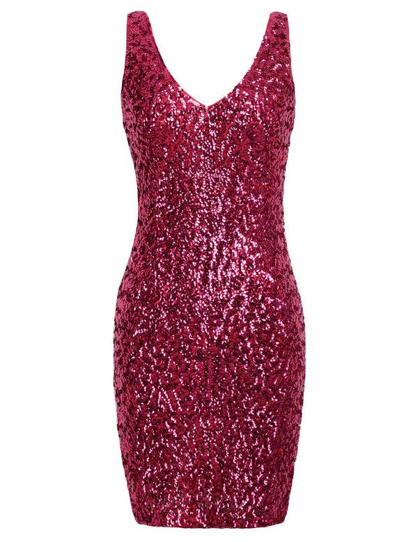 Prettyguide Women's Sexy Deep V Neck Sequin Mini Dress