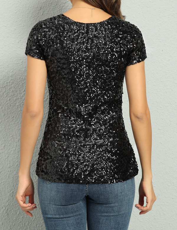 Prettyguide Women's Short Sleeve Sequin Blouse Tops Cocktail