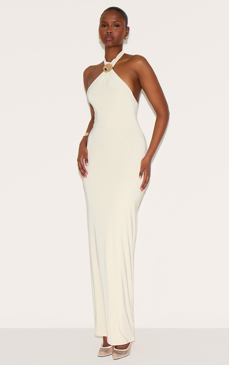 Pretty Little Thing Almond Double Layered Slinky Halter Neck Trim Detail Maxi Dress