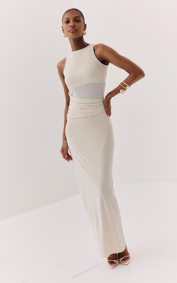 Pretty Little Thing Almond Slinky Mesh Cut Out Maxi Dress