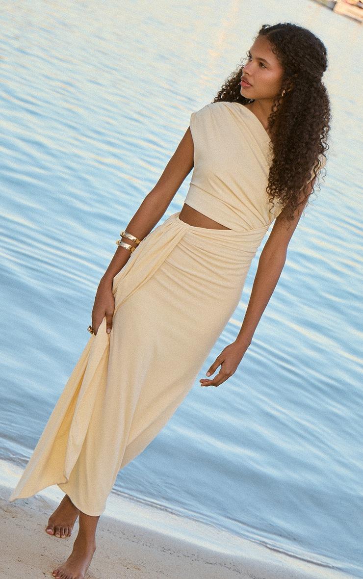 Pretty Little Thing Almond Soft Touch Ruched Asymmetric Cut Out Maxi Dress