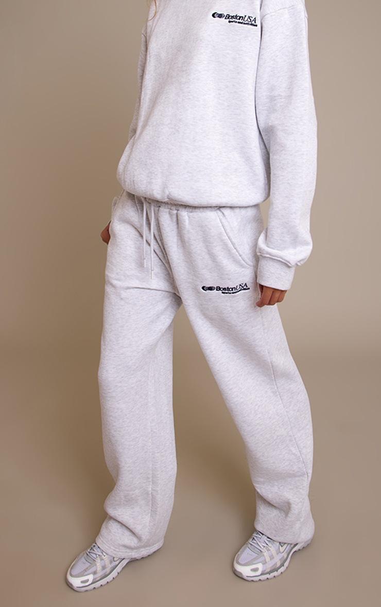 Pretty Little Thing Ash Grey Wide Leg Boston Usa Embroidered Sweatpants