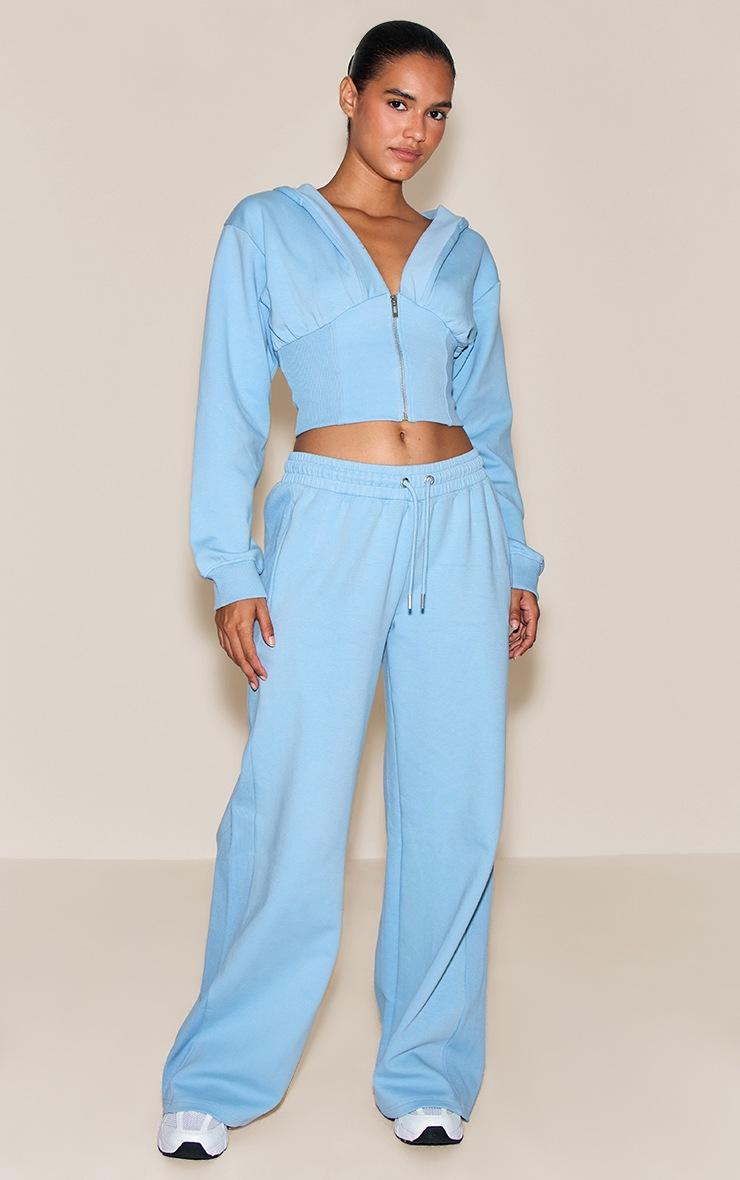 Pretty Little Thing Baby Blue Embroidered Interlock Cinch Waist Zip Hoodie