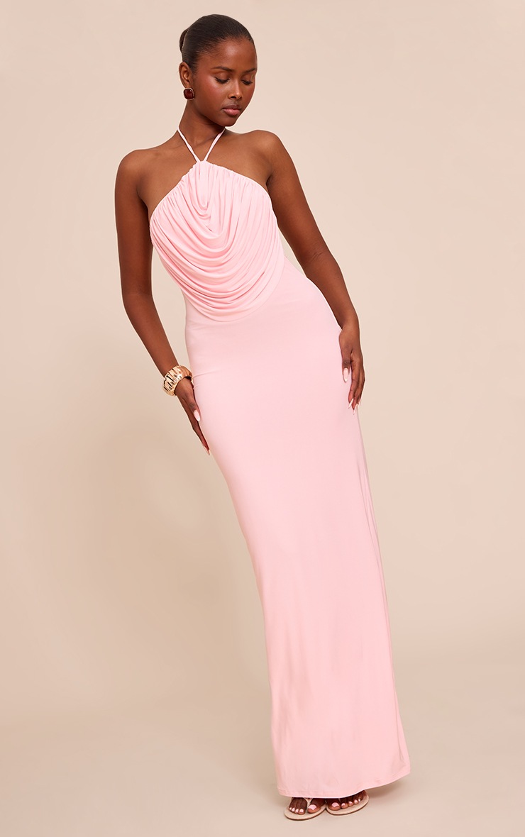 Pretty Little Thing Baby Pink Slinky Halterneck Draped Detail Maxi Dress