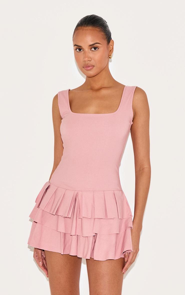 Pretty Little Thing Baby Pink Stretch Woven Pleated Skort Romper