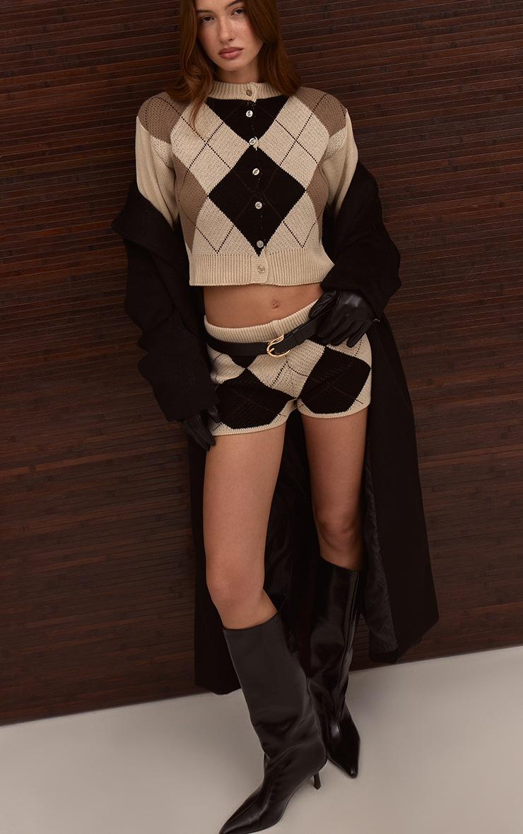 Pretty Little Thing Beige Argyle Cropped Knitted Cardigan