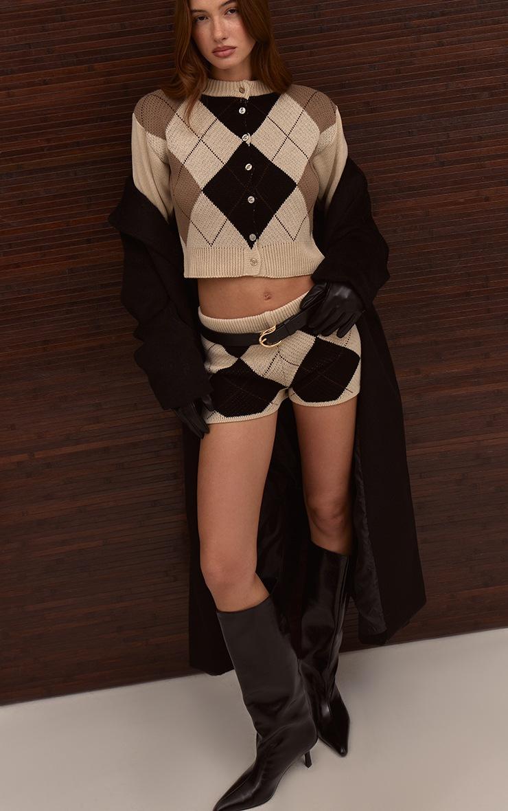 Pretty Little Thing Beige Argyle Knitted Mini Shorts