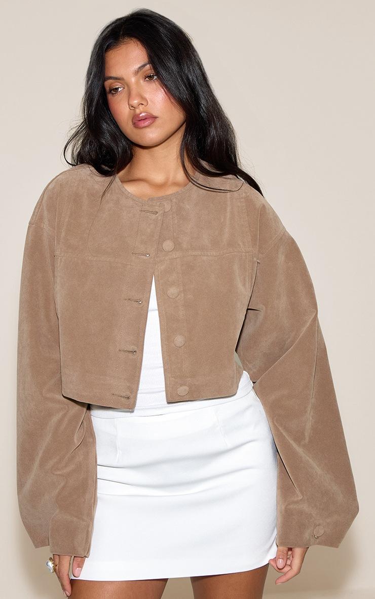 Pretty Little Thing Beige Cropped Ruched Sleeve Detail Suede Jacket