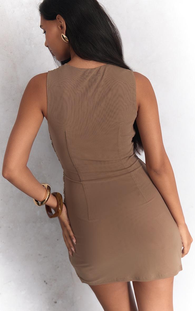 Pretty Little Thing Beige Double Layer Mesh Wrap Mini Dress