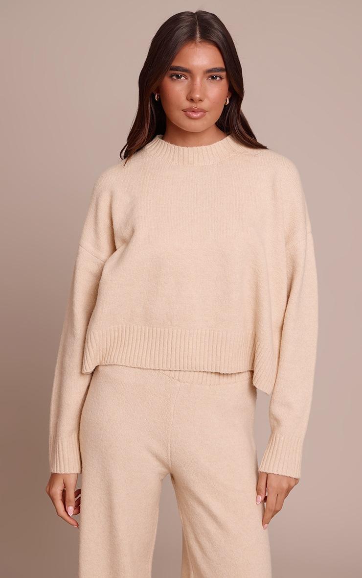 Pretty Little Thing Beige Marl Knitted Cropped Crew Neck Sweater