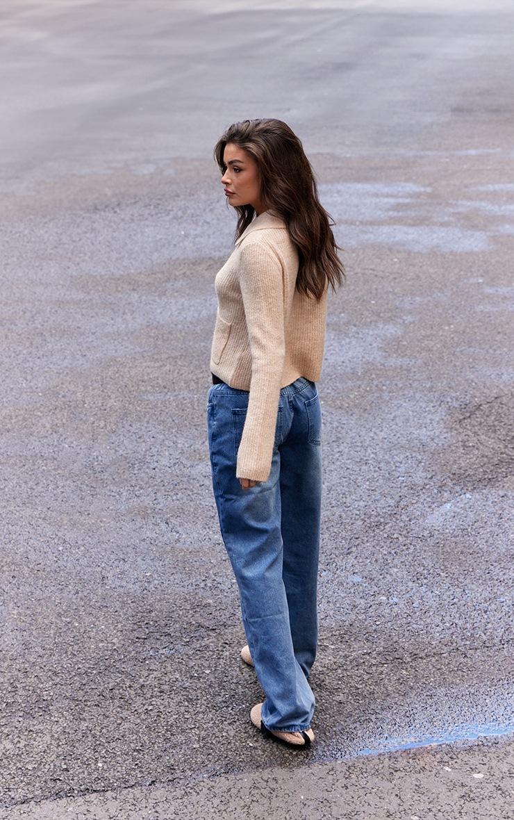 Pretty Little Thing Beige Soft Textured Knit Button Up Collar Detail Cardigan