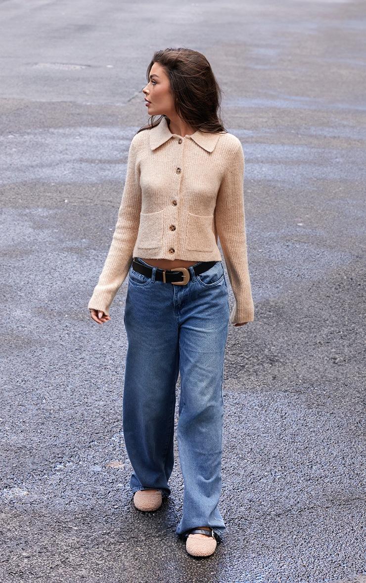 Pretty Little Thing Beige Soft Textured Knit Button Up Collar Detail Cardigan