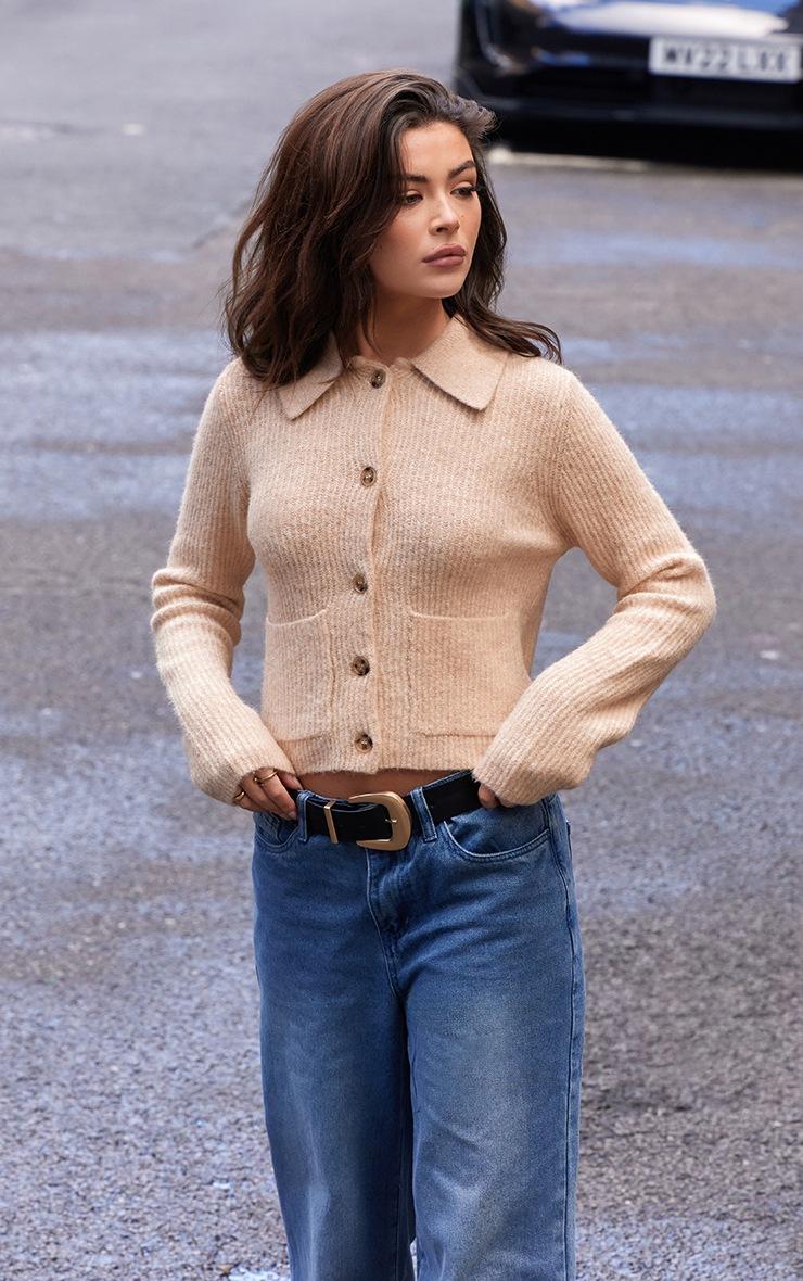 Pretty Little Thing Beige Soft Textured Knit Button Up Collar Detail Cardigan