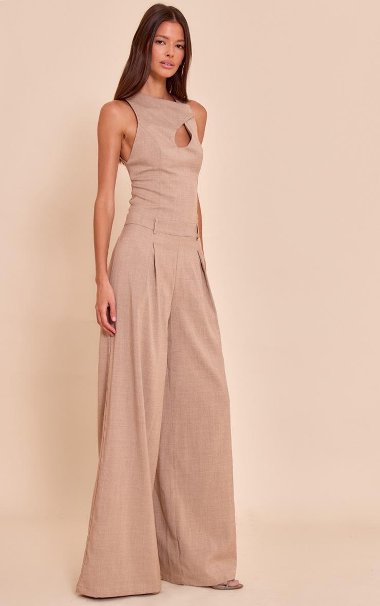Pretty Little Thing Beige Woven Key Hole Wide Leg Jumpsuit