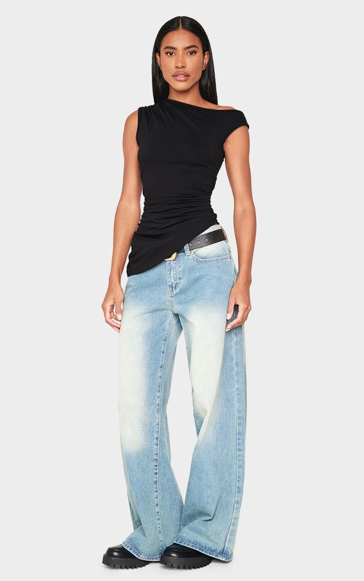 Pretty Little Thing Black Asymmetric Shoulder Ruched Longline Top