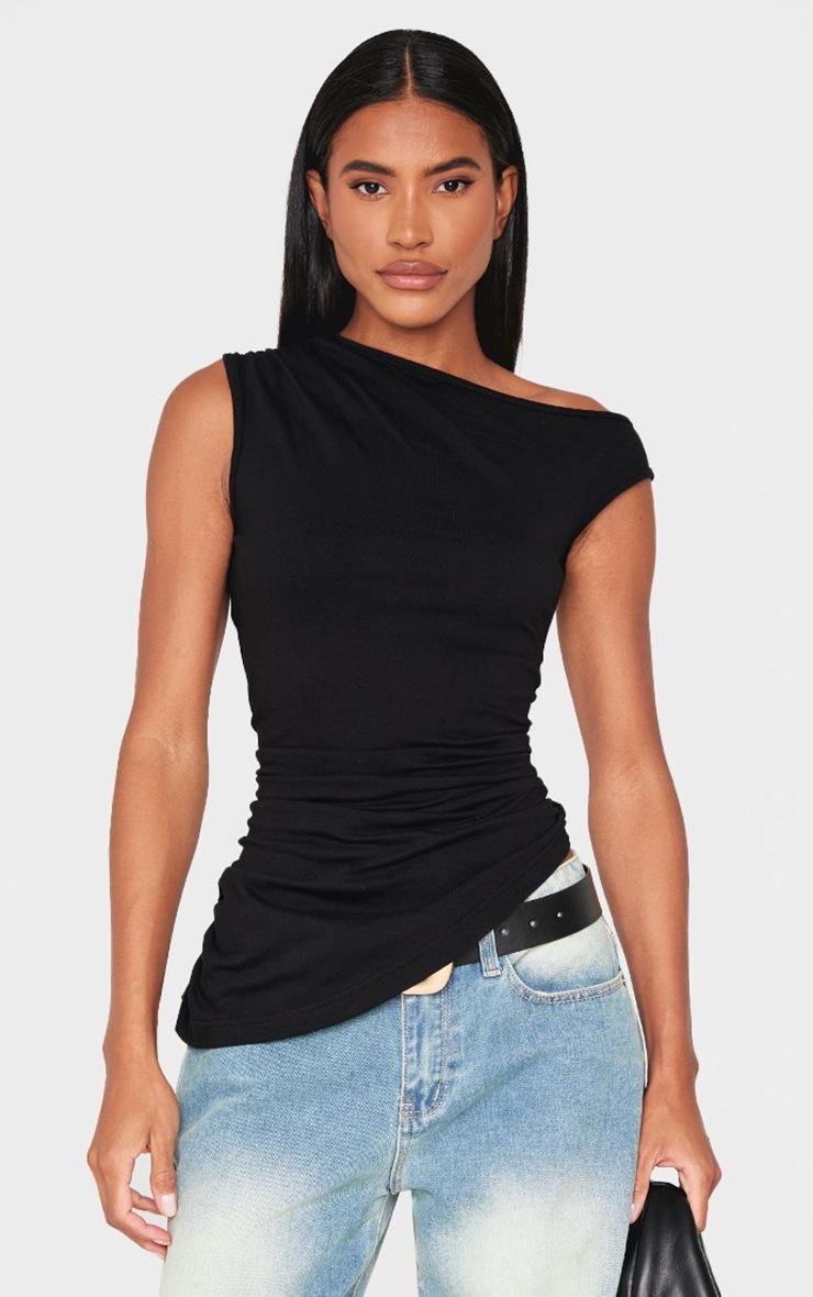 Pretty Little Thing Black Asymmetric Shoulder Ruched Longline Top