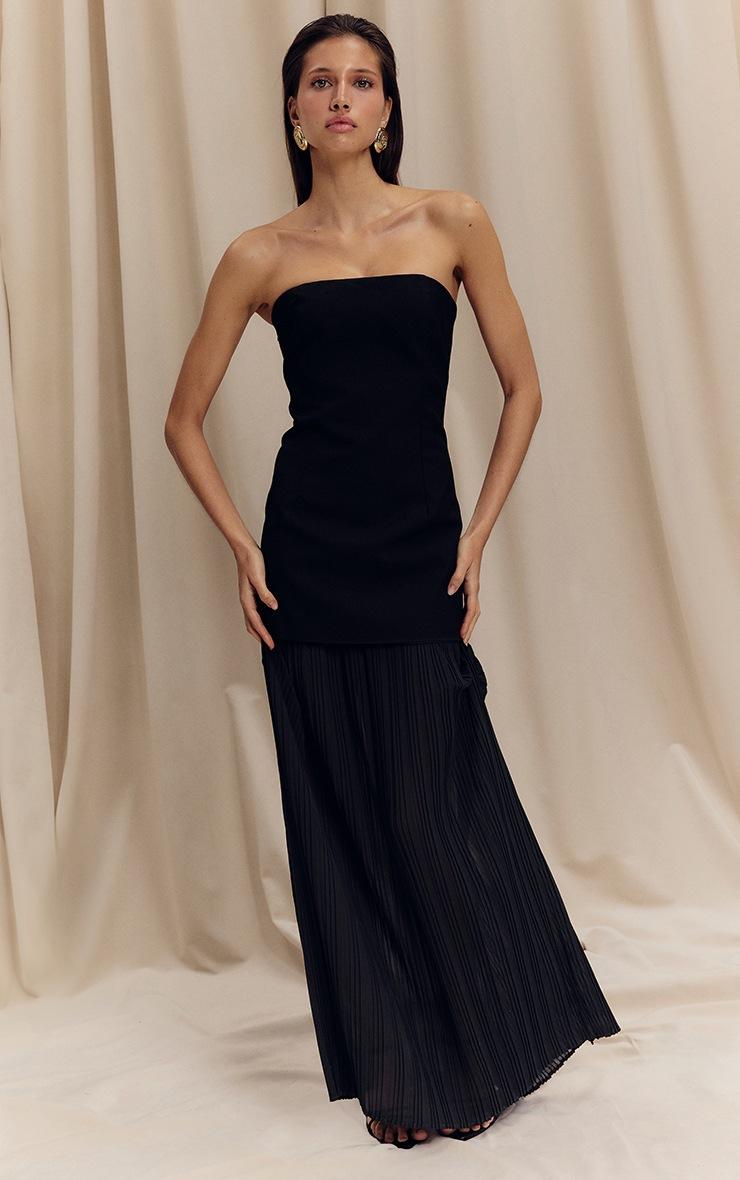 Pretty Little Thing Black Bandeau Pleated Chiffon Skirt Panel Maxi Dress