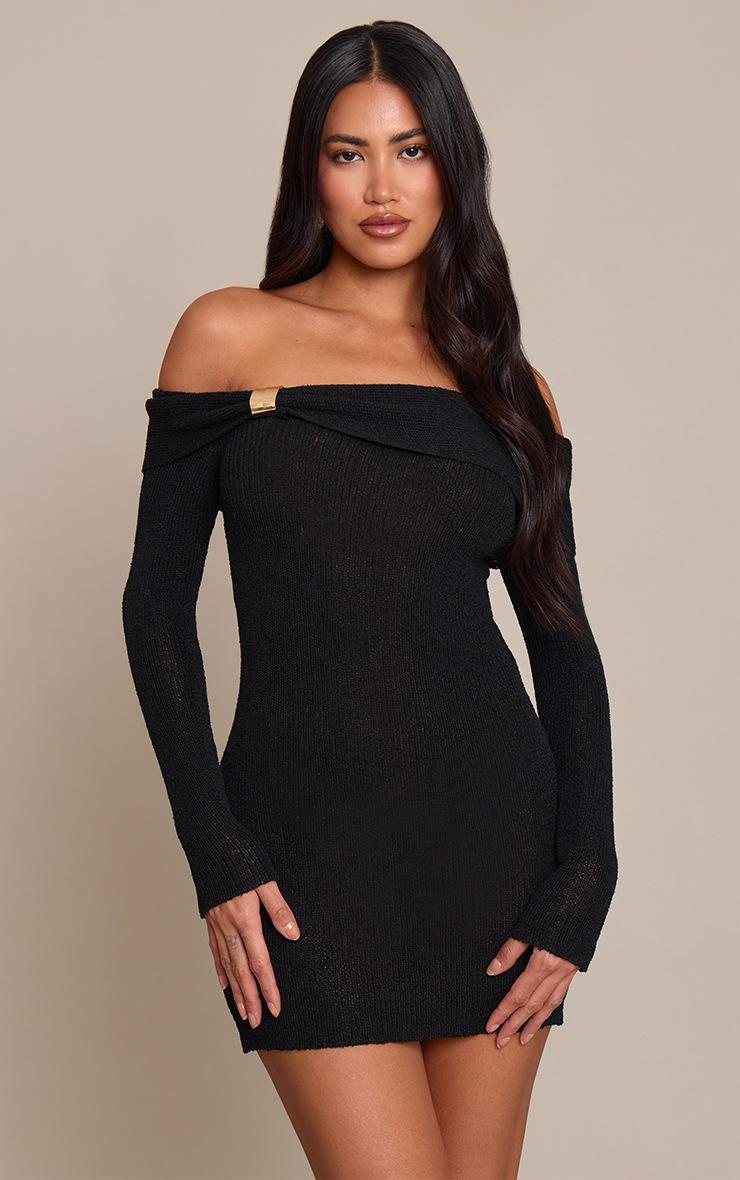 Pretty Little Thing Black Bardot Trim Detail Knitted Dress