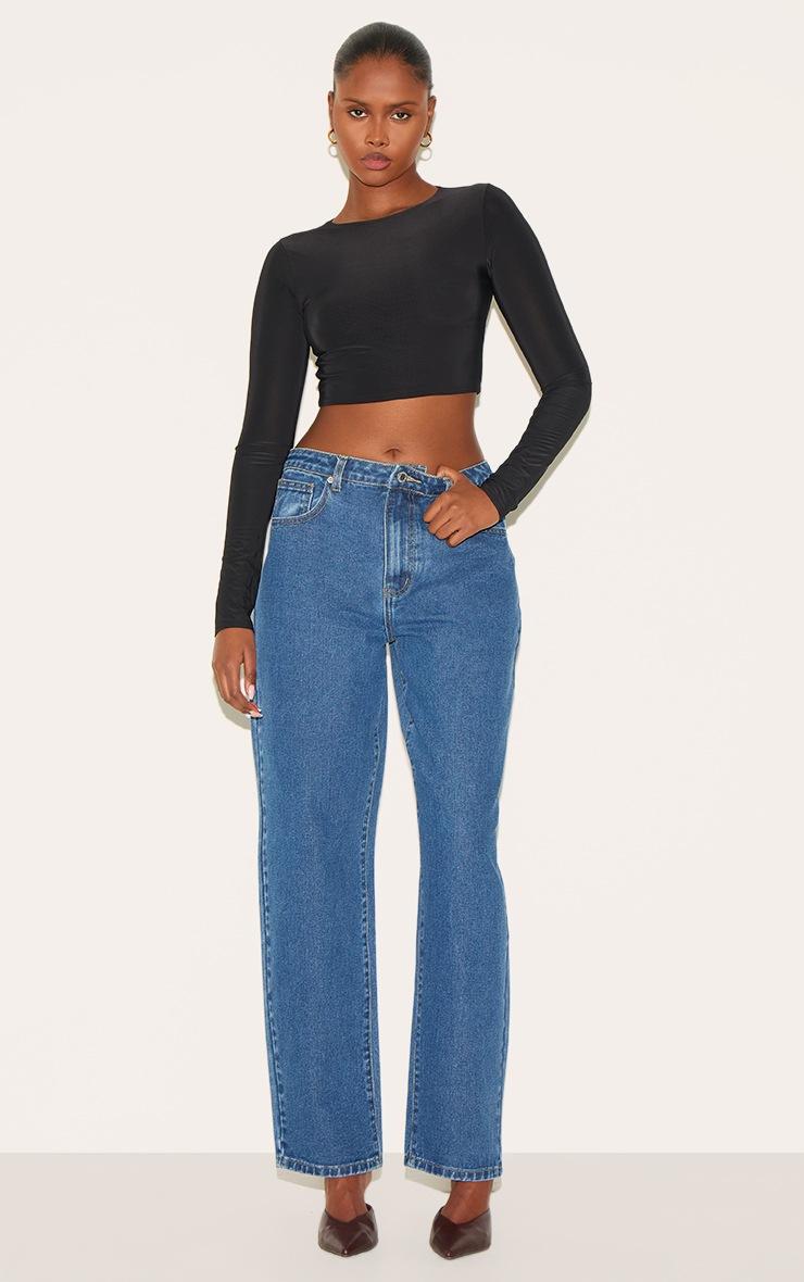 Pretty Little Thing Black Basic Slinky Long Sleeve Crop Top