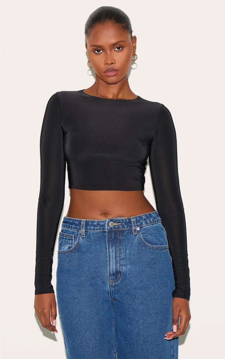 Pretty Little Thing Black Basic Slinky Long Sleeve Crop Top