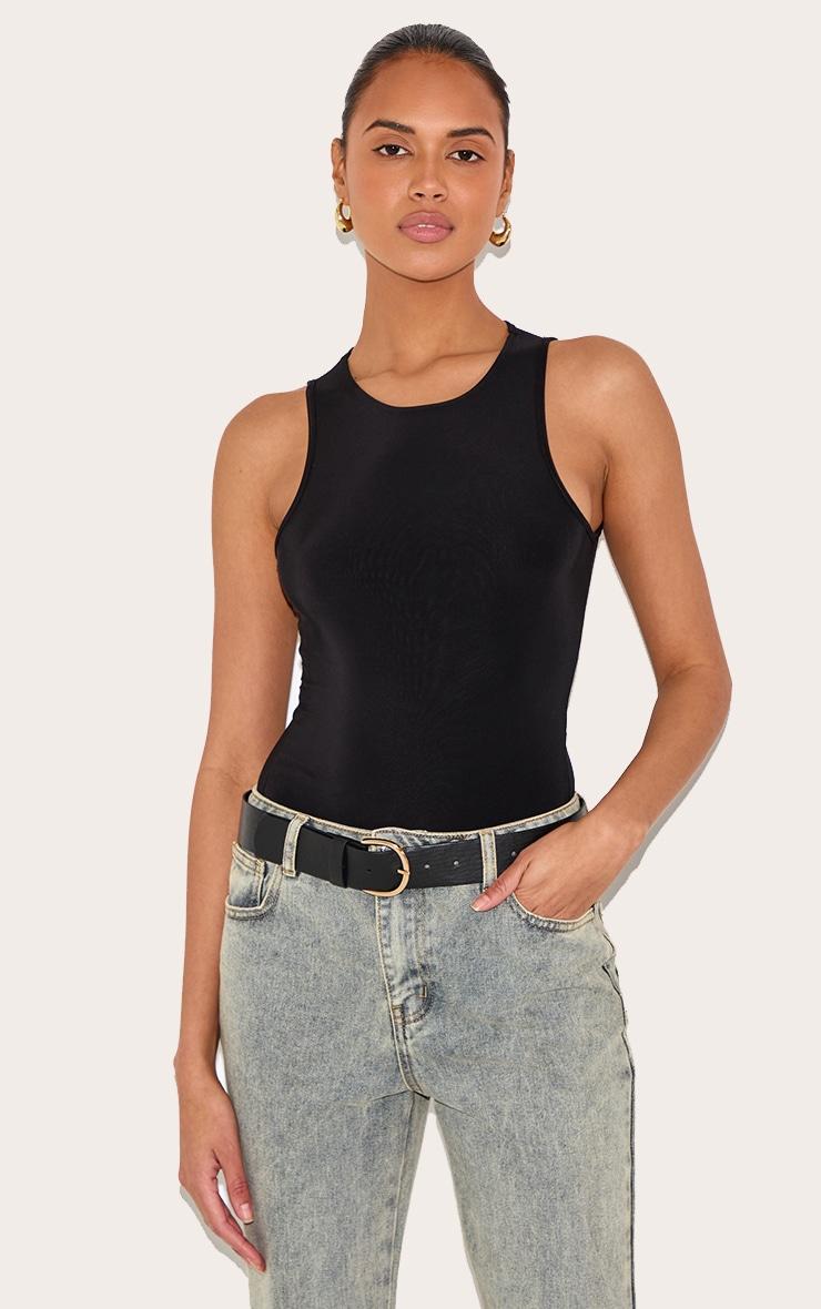 Pretty Little Thing Black Basic Slinky Racer Bodysuit