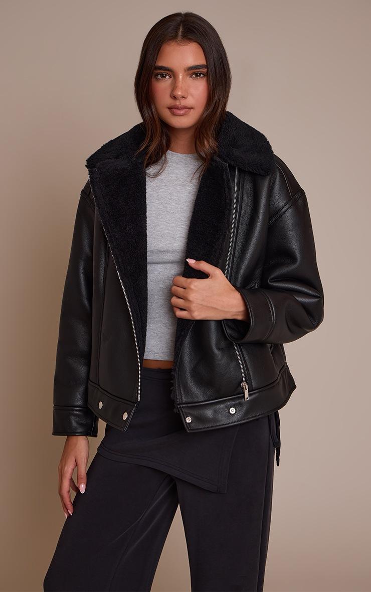 Pretty Little Thing Black Borg Collar Faux Leather Aviator