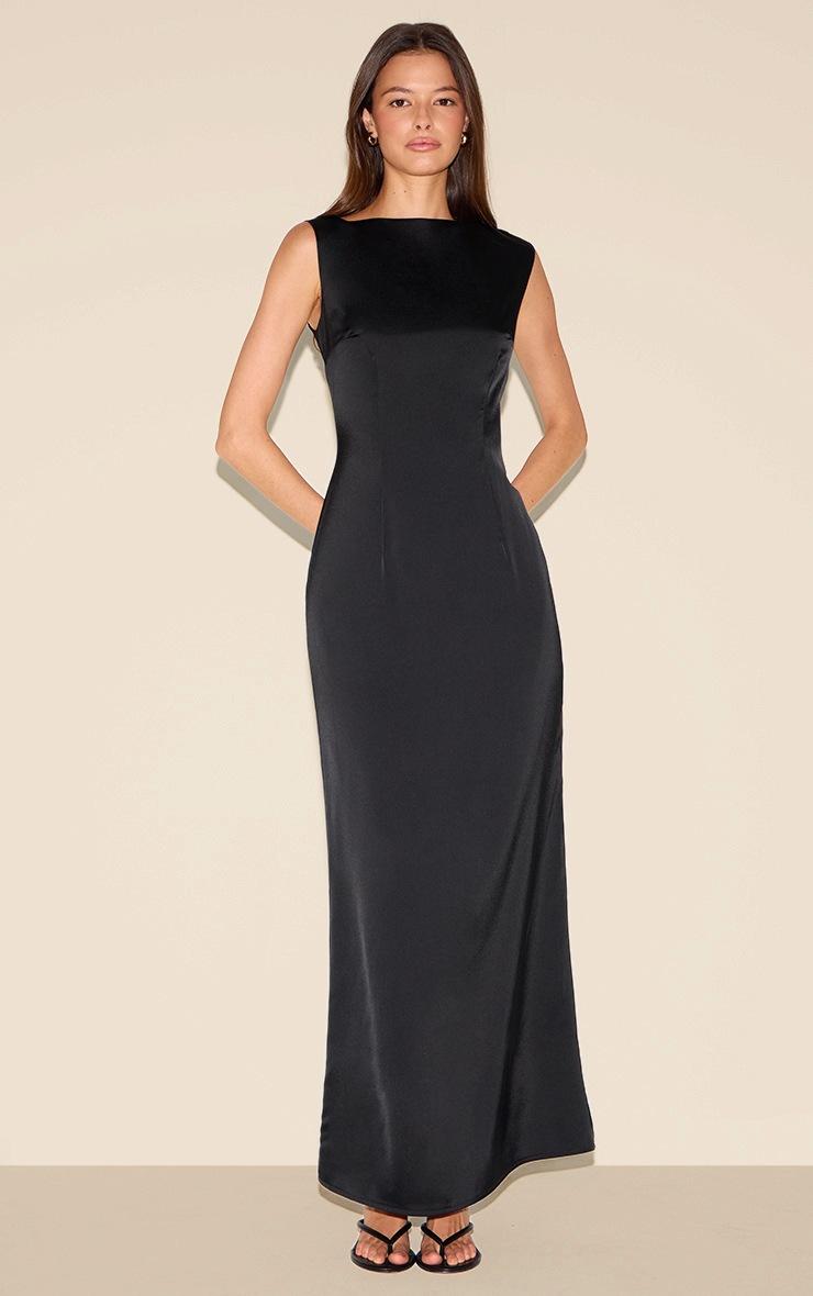 Pretty Little Thing Black Bridesmaid Satin Boat Neck Maxi Dress