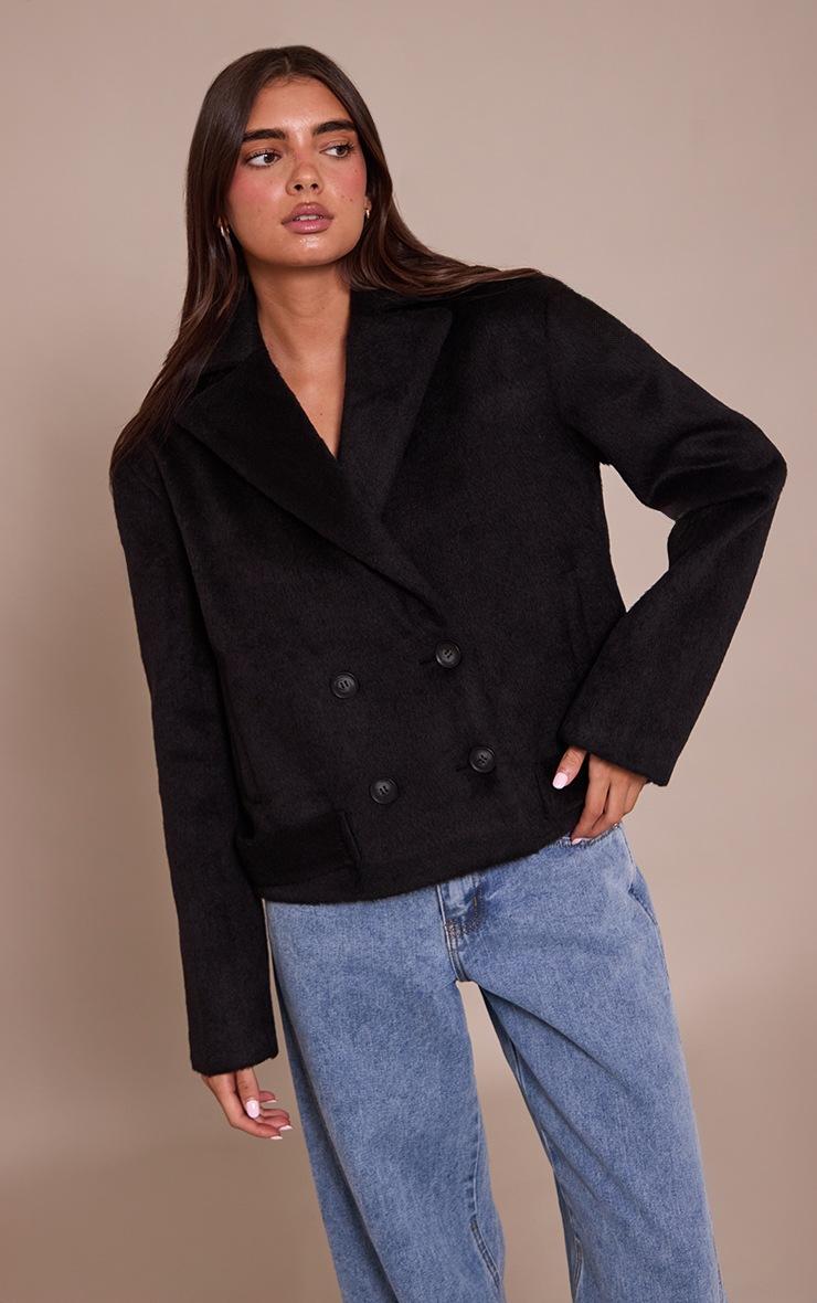 Pretty Little Thing Black Brushed Wool Cropped Trench Coat