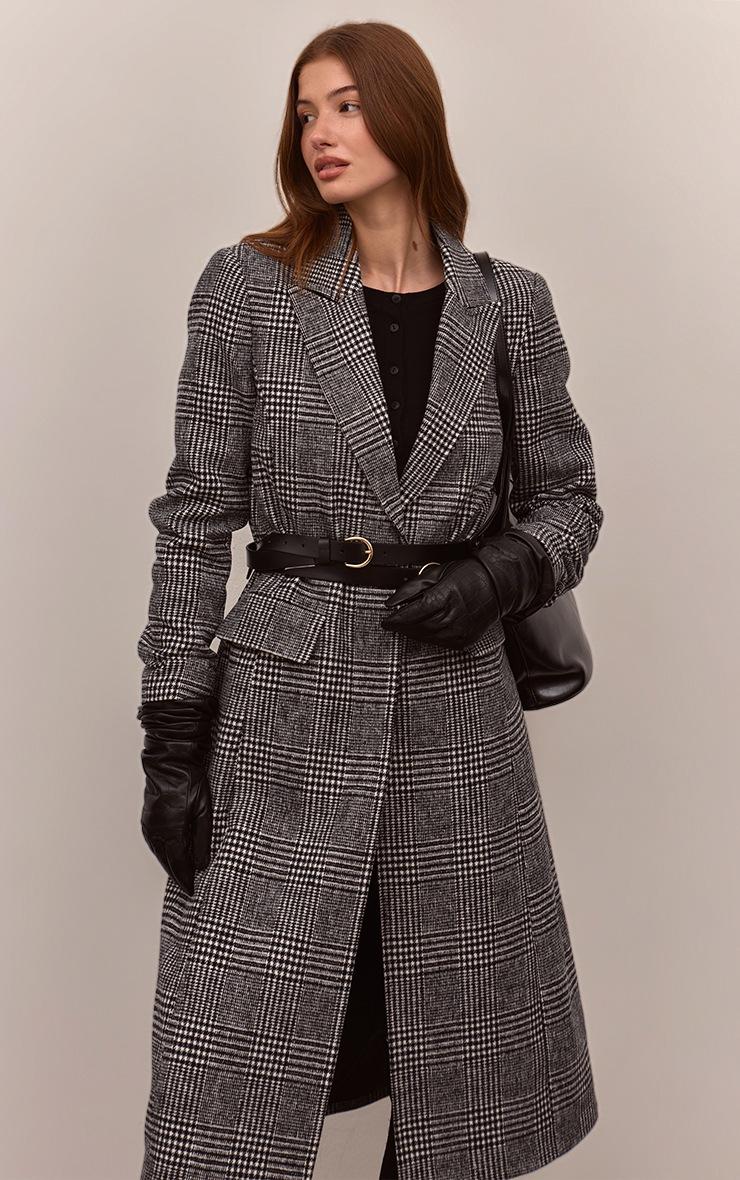Pretty Little Thing Black Checked Single Breasted Seam Detail Wool Look Maxi Coat