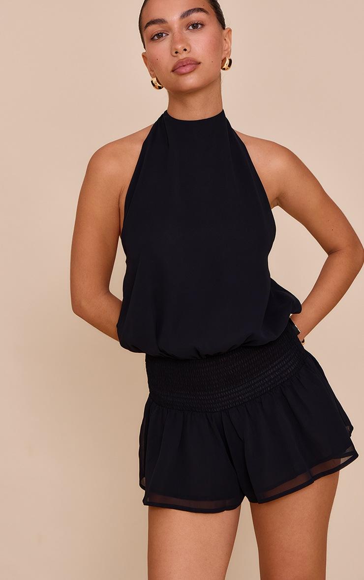Pretty Little Thing Black Chiffon Halterneck Romper