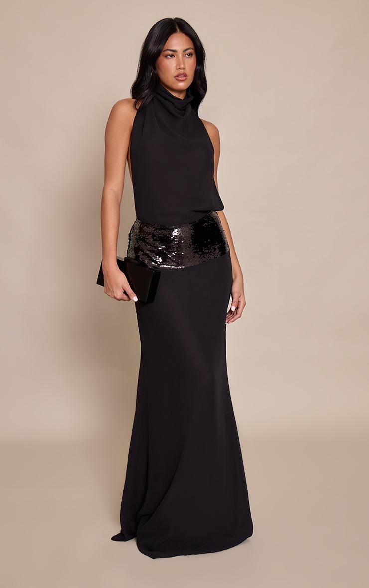 Pretty Little Thing Black Chiffon High Neck Cowl Sequin Panel Maxi Dress