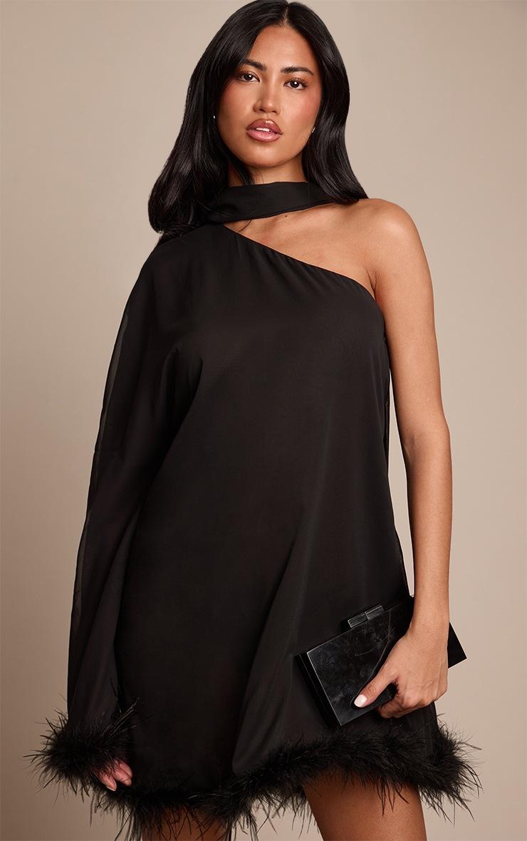 Pretty Little Thing Black Chiffon One Shoulder Feather Detail Shift Dress