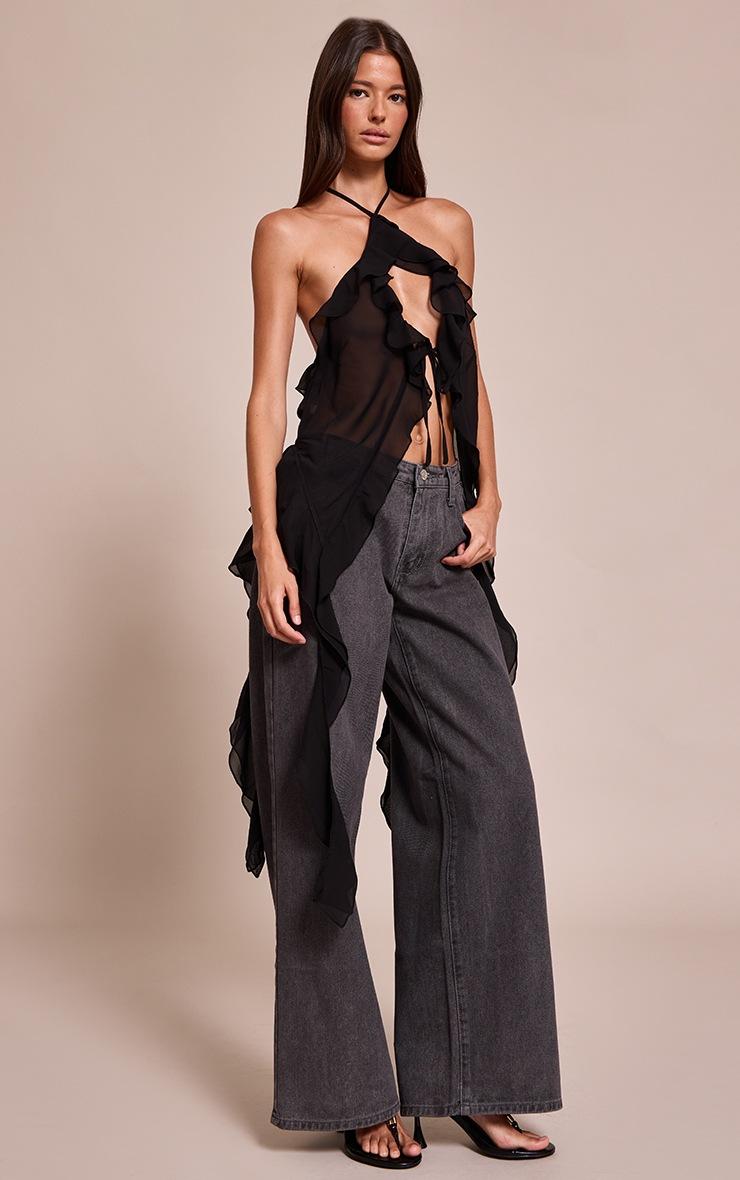 Pretty Little Thing Black Chiffon Ruffle Drape Detail Longline Top