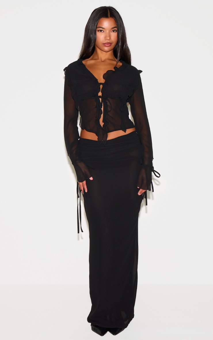 Pretty Little Thing Black Chiffon Ruffle Tie Front Blouse